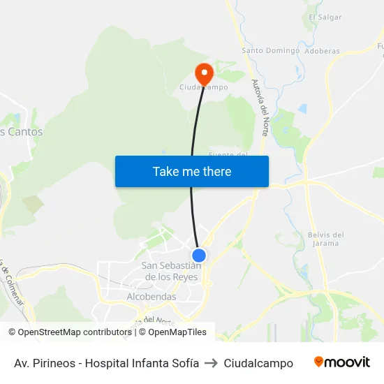 Av. Pirineos - Hospital Infanta Sofía to Ciudalcampo map