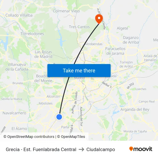Grecia - Est. Fuenlabrada Central to Ciudalcampo map