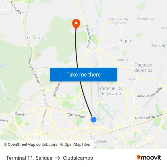 Terminal T1, Salidas to Ciudalcampo map