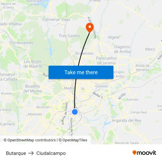Butarque to Ciudalcampo map
