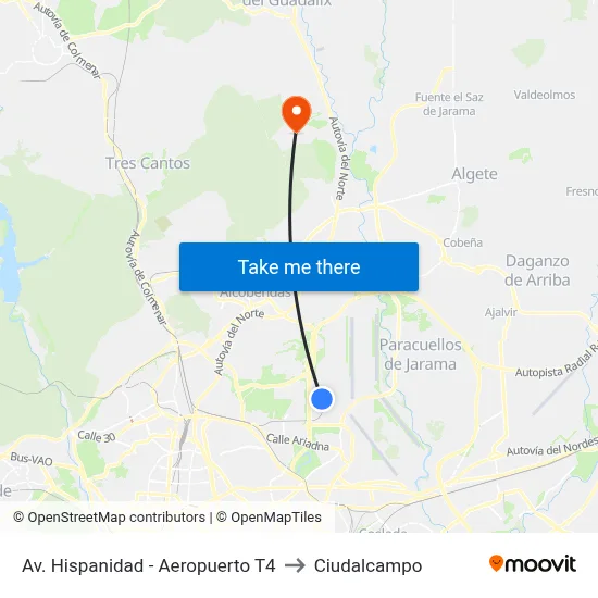 Av. Hispanidad - Aeropuerto T4 to Ciudalcampo map