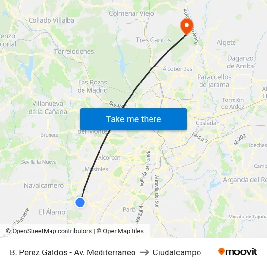 B. Pérez Galdós - Av. Mediterráneo to Ciudalcampo map