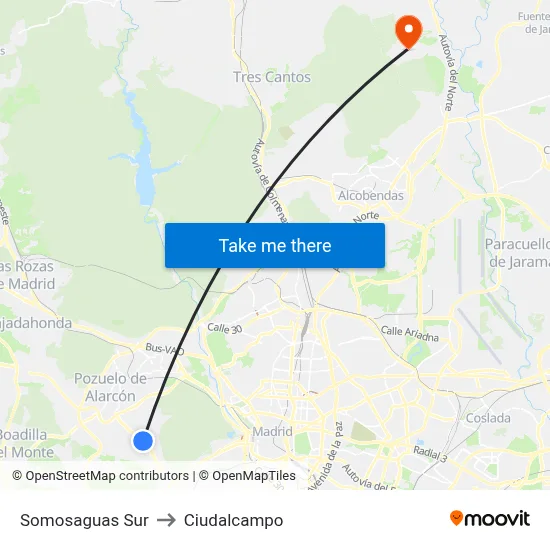Somosaguas Sur to Ciudalcampo map