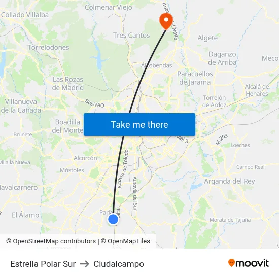 Estrella Polar Sur to Ciudalcampo map