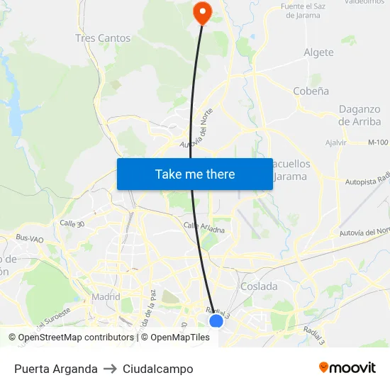 Puerta Arganda to Ciudalcampo map