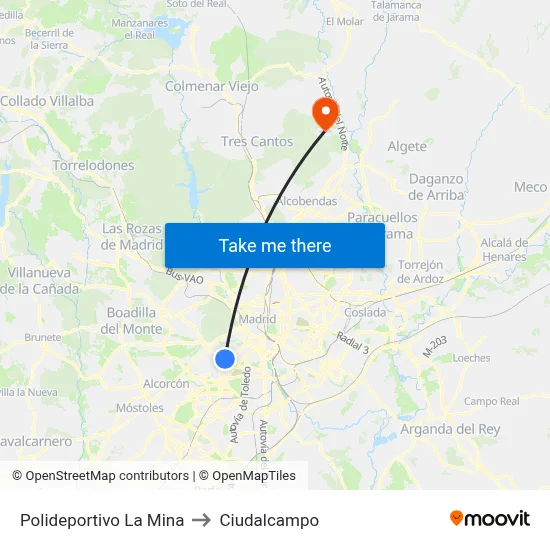Polideportivo La Mina to Ciudalcampo map