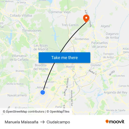 Manuela Malasaña to Ciudalcampo map