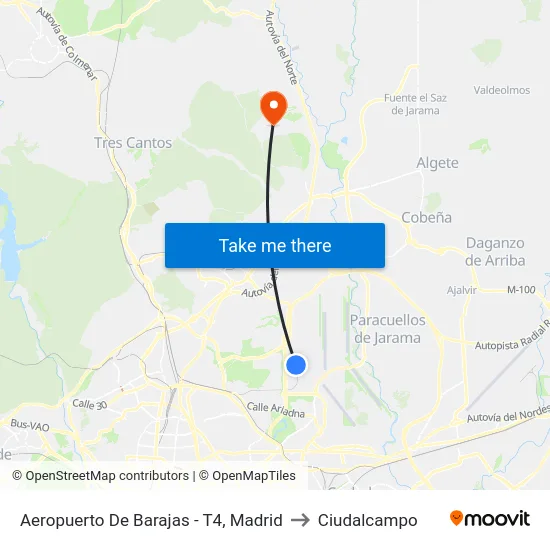 Aeropuerto De Barajas - T4, Madrid to Ciudalcampo map