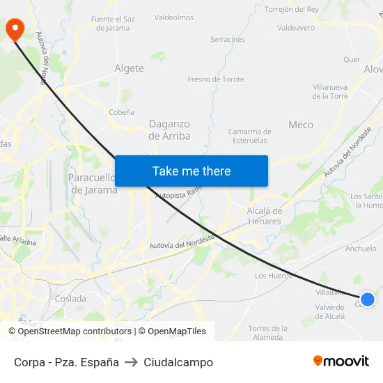 Corpa - Pza. España to Ciudalcampo map