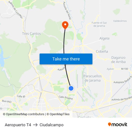 Aeropuerto T4 to Ciudalcampo map