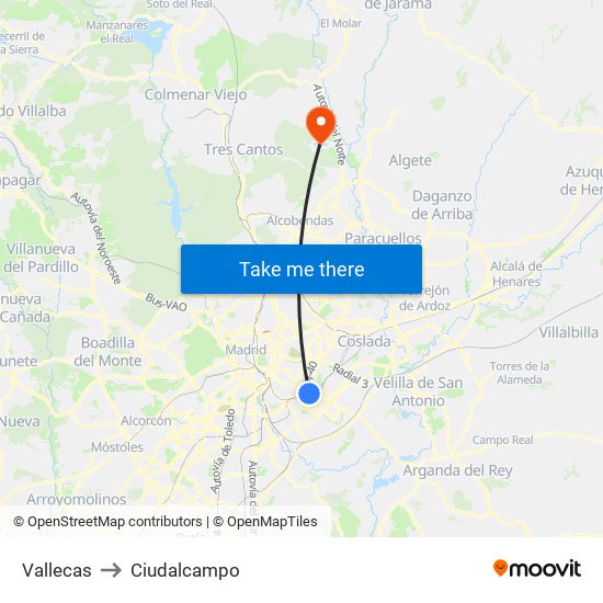 Vallecas to Ciudalcampo map