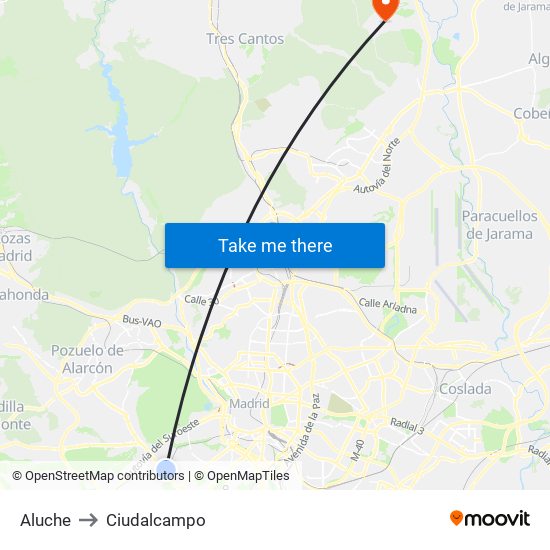 Aluche to Ciudalcampo map