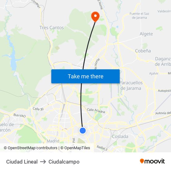 Ciudad Lineal to Ciudalcampo map