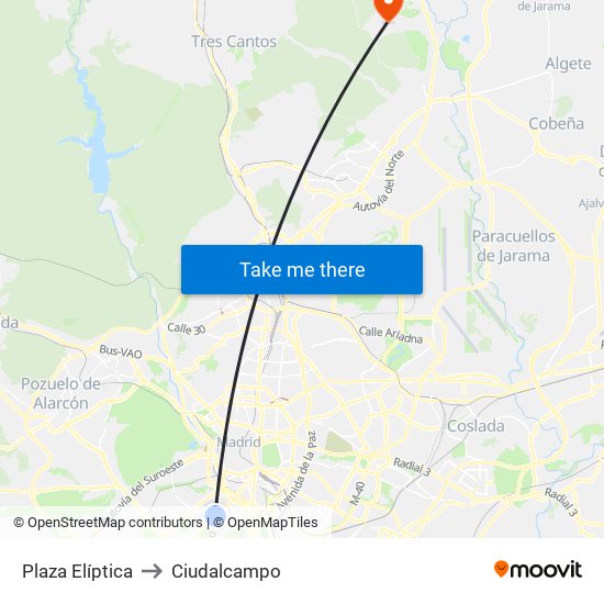Plaza Elíptica to Ciudalcampo map