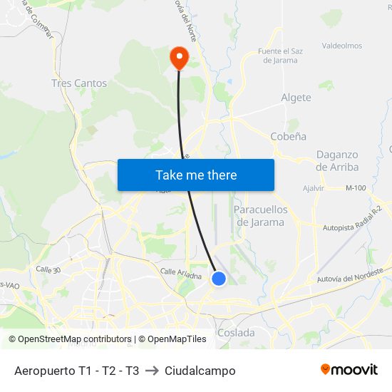 Aeropuerto T1 - T2 - T3 to Ciudalcampo map
