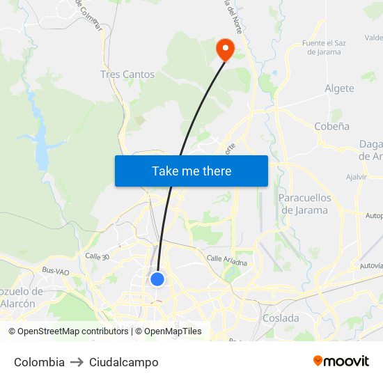 Colombia to Ciudalcampo map