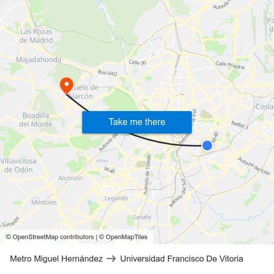 Metro Miguel Hernández to Universidad Francisco De Vitoria map