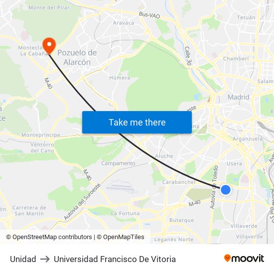 Unidad to Universidad Francisco De Vitoria map