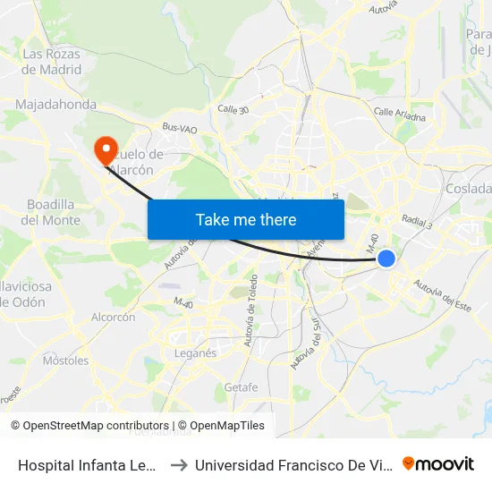 Hospital Infanta Leonor to Universidad Francisco De Vitoria map