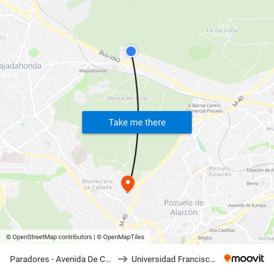 Paradores - Avenida De Casaquemada to Universidad Francisco De Vitoria map