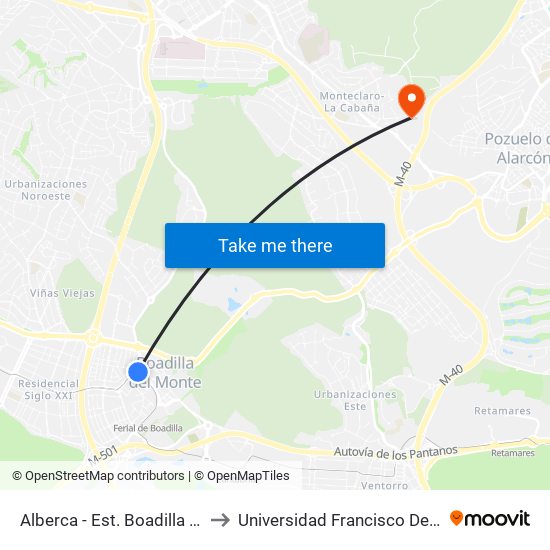 Alberca - Est. Boadilla Centro to Universidad Francisco De Vitoria map