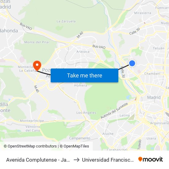 Avenida Complutense - Jardín Botánico to Universidad Francisco De Vitoria map