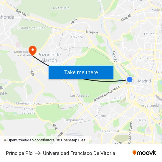 Príncipe Pío to Universidad Francisco De Vitoria map