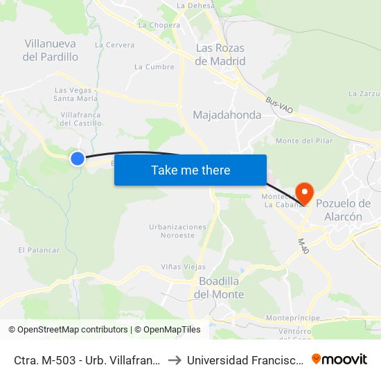 Ctra. M-503 - Urb. Villafranca Del Castillo to Universidad Francisco De Vitoria map