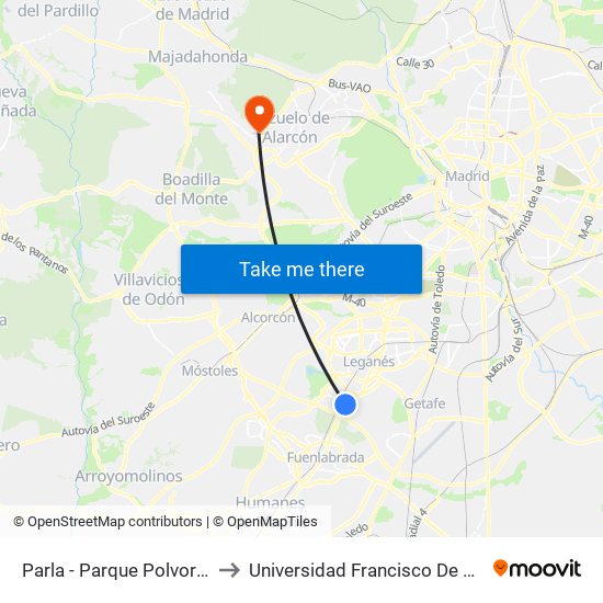 Parla - Parque Polvoranca to Universidad Francisco De Vitoria map