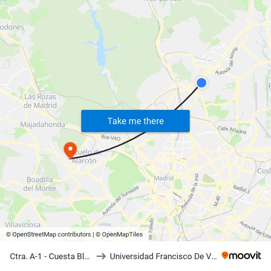 Ctra. A-1 - Cuesta Blanca to Universidad Francisco De Vitoria map