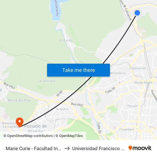 Marie Curie - Facultad Informática to Universidad Francisco De Vitoria map