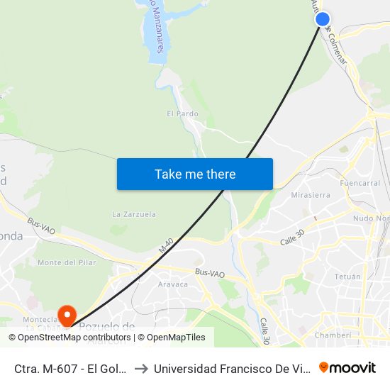Ctra. M-607 - El Goloso to Universidad Francisco De Vitoria map