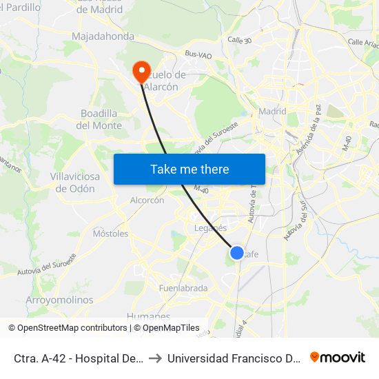 Ctra. A-42 - Hospital De Getafe to Universidad Francisco De Vitoria map