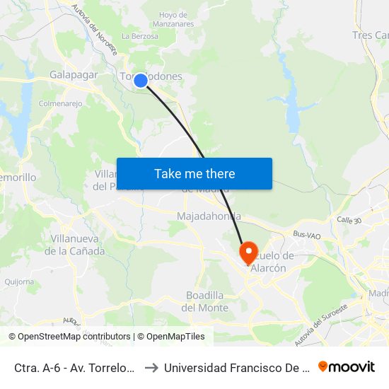 Ctra. A-6 - Av. Torrelodones to Universidad Francisco De Vitoria map