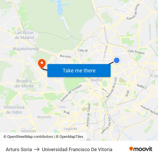 Arturo Soria to Universidad Francisco De Vitoria map