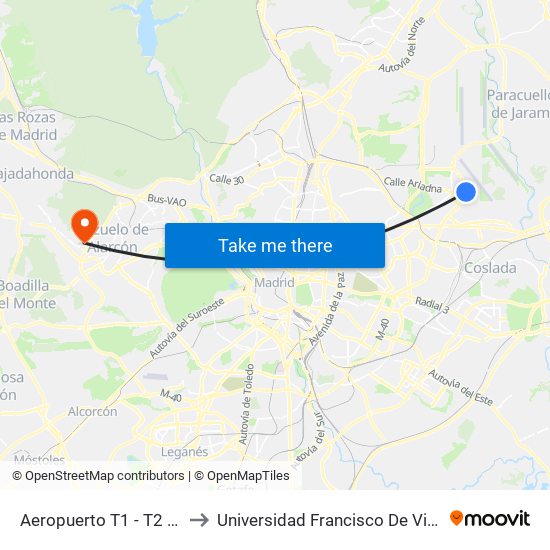 Aeropuerto T1 - T2 - T3 to Universidad Francisco De Vitoria map