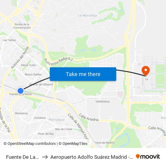 Fuente De La Mora to Aeropuerto Adolfo Suárez Madrid - Barajas T4 map