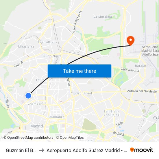 Guzmán El Bueno to Aeropuerto Adolfo Suárez Madrid - Barajas T4 map