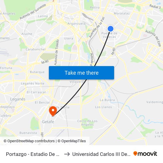 Portazgo - Estadio De Vallecas to Universidad Carlos III De Madrid map