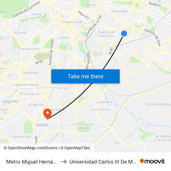 Metro Miguel Hernández to Universidad Carlos III De Madrid map