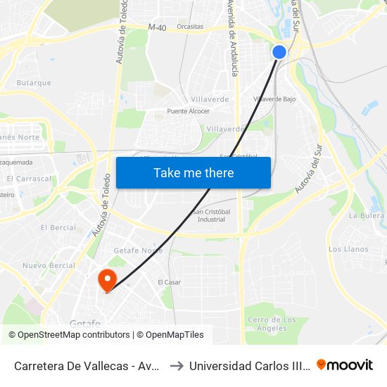 Carretera De Vallecas - Avenida Rosales to Universidad Carlos III De Madrid map