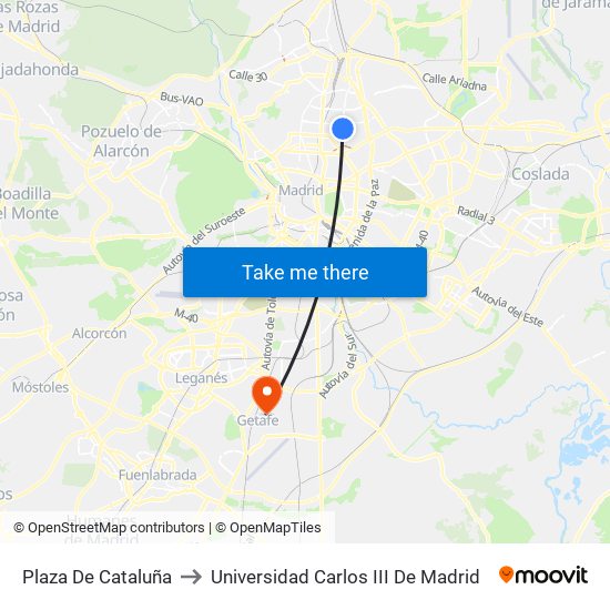 Plaza De Cataluña to Universidad Carlos III De Madrid map