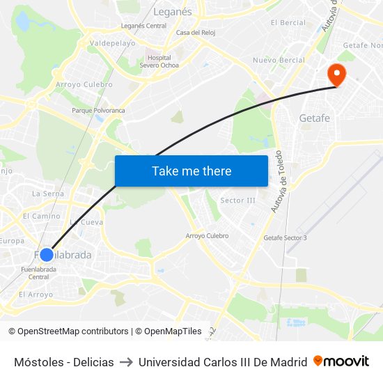 Móstoles - Delicias to Universidad Carlos III De Madrid map