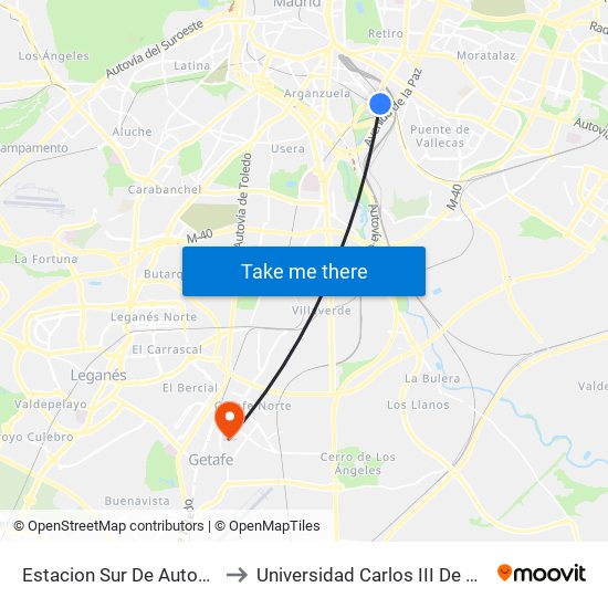 Estacion Sur De Autobuses to Universidad Carlos III De Madrid map