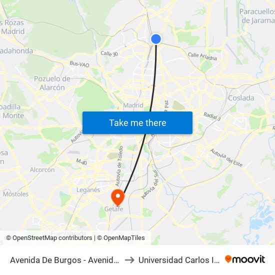 Avenida De Burgos - Avenida De Manoteras to Universidad Carlos III De Madrid map