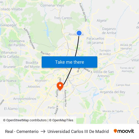 Real - Cementerio to Universidad Carlos III De Madrid map