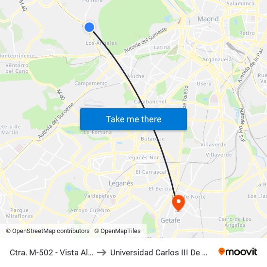 Ctra. M-502 - Vista Alegre to Universidad Carlos III De Madrid map