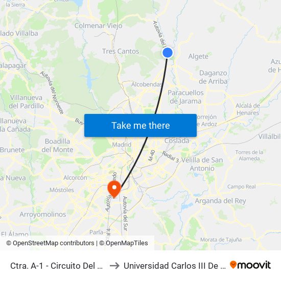 Ctra. A-1 - Circuito Del Jarama to Universidad Carlos III De Madrid map