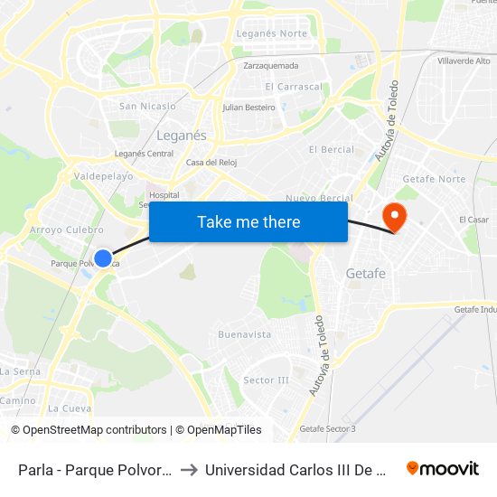 Parla - Parque Polvoranca to Universidad Carlos III De Madrid map