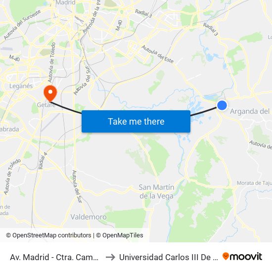 Av. Madrid - Ctra. Campo Real to Universidad Carlos III De Madrid map